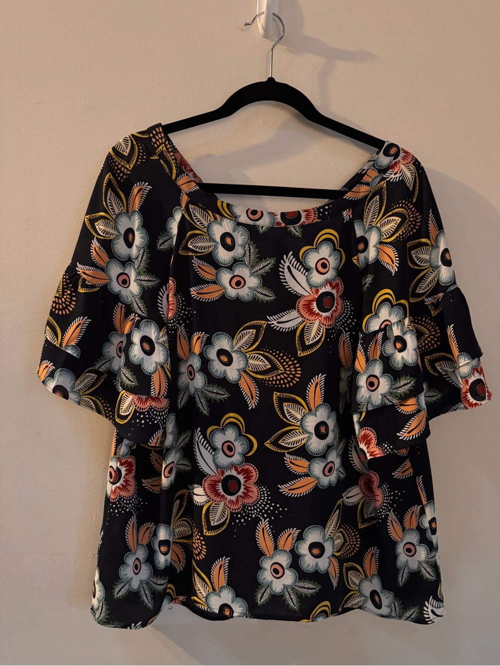 LOFT Navy Floral Print Short Sleeve Blouse